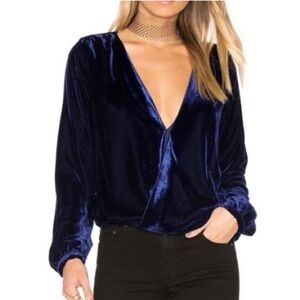 L’Academie Dark Blue Velvet Blouse Surplice Top Small